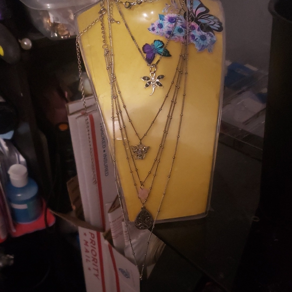 Elegant Multi-Layered Silver Necklace with Charms Bundle Of 4 Necklacesp